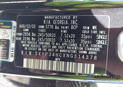 2022 Kia Telluride Ex z USA, uszkodzony, nr VIN 5XYP34HCXNG314378